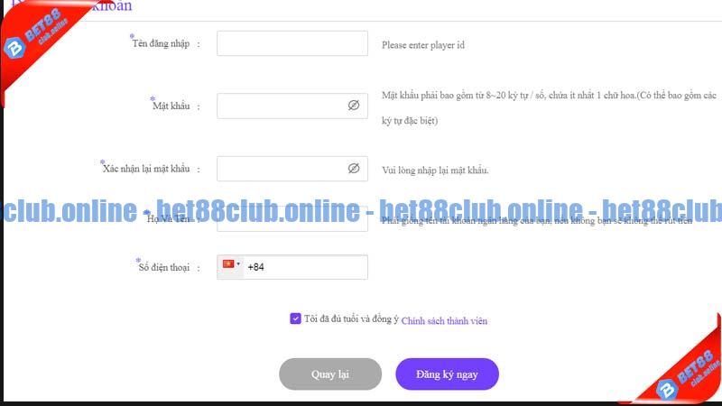 Điền thông tin đăng ký bet88